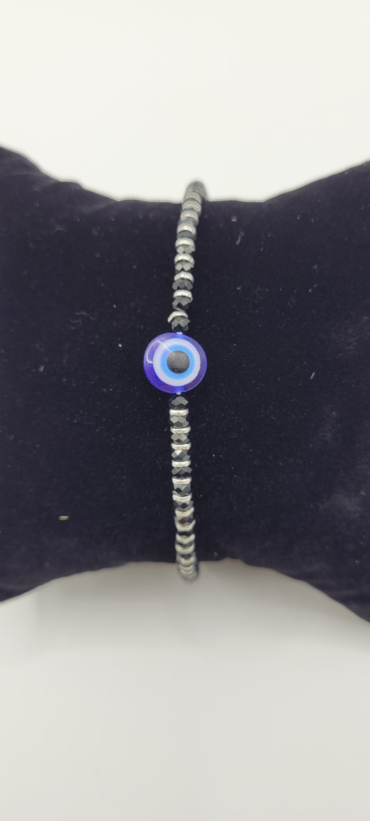 SILVER BEADS EVIL EYE BRACELET